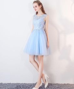 Light Blue Knee-length Dress For Banquet, Knee-length Blue Evening Dress For Prom, Blue Knee-length Evening Dress For Prom, Tulle Dress With Illusion Neckline For Banquet, Blue Knee-length Mini Dress For Prom, Blue Tulle Mini Dress For Wedding, Light Blue Knee-length Prom Dress, Blue Knee-length Dress For Prom Season, Elegant Blue Tulle Mini Dress