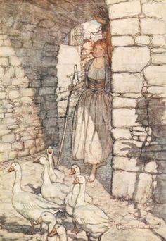 a drawing of a girl standing next to ducks in front of a brick wall and door