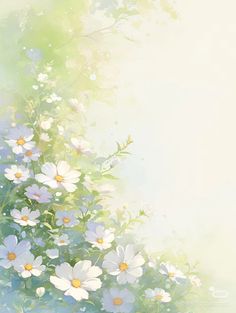 white daisies are in the foreground with green and yellow foliage behind them on a soft pastel background