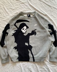 reworked nike grim reaper skeleton sweatshirt hoodie Reworked Crewneck, Reworked Sweater, Grim Reaper Skeleton, Hood Life, Upcycled Hoodie, Reworked Sweatshirts