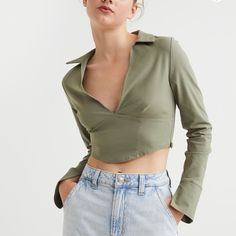 Purchased From H&M, Got The Wrong Size And Can’t Return Anymore. Runs True To Size. Sage Green Color. No Flaws, Never Worn! Fitted V-neck Trendy Shirt, Trendy Crop Top For Workwear, Trendy Crop Top For Work, H&m Collared Tops For Workwear, H&m V-neck Tops For Day Out, H&m Cropped Tops For Spring, H&m Tops For Fall Day Out, H&m Tops For Day Out In Fall, Trendy Long Sleeve H&m Blouse