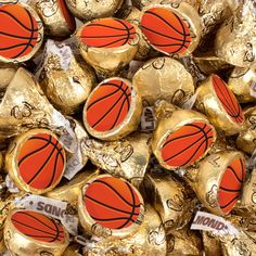 gold foil wrapped candy with basketballs on it