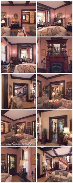 multiple pictures of the inside of a house with furniture and decor in it, including couches, tables, lamps, windows, and doors