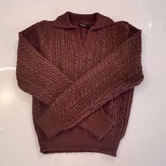 Brown Collared Cable-Knit Sweater. Never Worn. Size Small. Casual Brown Knit Polo Sweater, Brown Cotton Cable Knit Sweater, Brown Cable Knit Cotton Sweater, Cozy Brown Knit V-neck Sweater, Brown Wool Knitted Tops, Cozy Cable Knit Polo Sweater, Casual Textured Knit Fitted V-neck Sweater, Casual Fitted Textured Knit V-neck Sweater, Fitted Casual V-neck Sweater With Textured Knit