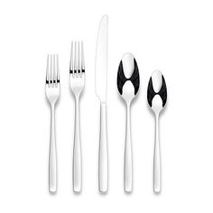 four forks, two spoons and one knife are shown in black and white colors