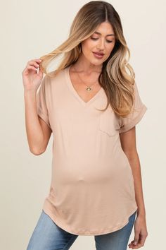 Olive V-Neck Pocket Short Sleeve Maternity Shirt– PinkBlush Versatile Beige V-neck Top, Beige Non-stretch V-neck Top, Beige V-neck Top, Versatile V-neck Blouse For Loungewear, Spring Solid Color Nursing Tops, Versatile Non-stretch Short Sleeve Tops, Beige Relaxed Fit V-neck T-shirt, Summer Maternity Tops With Short Sleeves, Maternity Summer Tops With Short Sleeves