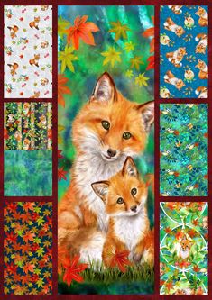 a painting of two foxes and their cubs