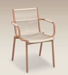 a chair made out of wood and wicker with no arms, sitting on a gray background