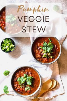 three bowls of pumpkin veggie stew with spoons and napkin on the side