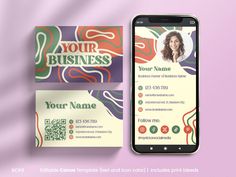 a cell phone with a business card on it next to a purple and green background