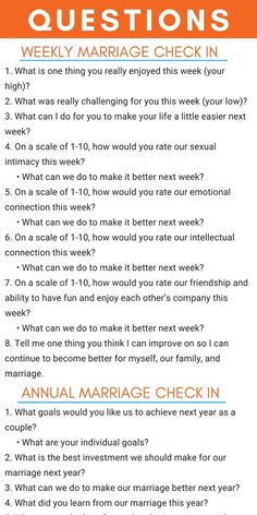 Use these marriage check in questions for your next marriage check up. Whether you have a daily, weekly, monthly or yearly checkup, these insightful questions will be useful. To learn how to have a marriage checkup with your spouse, just click on the image for our step-by-step guide. #ourpf #marriage #checkin #checkup #questions #howto #couples #married #relationships #stateofmarriage #address #husband #wife #relationships Weekly Questions For Couples, Daily Couple Questions, Spouse Check In Questions, Marriage Reflection Questions, Couples Weekly Check In Questions, Monthly Couple Check In, Daily Check In Questions For Couples, Couples Monthly Check In, Monthly Relationship Check In