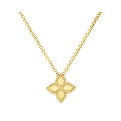 The polished gold petals in this Roberto Coin Princess Flower necklace are framed with rope detailing. The Princess Flower collection is part of the creative bouquet of the Princess collection and has the same distinguishing twisted wire workmanship with alternating smooth and rough surfaces that evokes the characteristics of various essences.
The Roberto Coin brand was born in 1996. Its founder, with whom it shares its name, driven by the innate love for the world of art and fashion, followed a Gold Flower Pendant Necklace In Fine Jewelry Style, Luxury Tarnish Resistant Flower Pendant Necklace, Elegant Gold Flower Necklace With Clavicle Chain, Elegant Gold Plated Necklace With Flower Charm, Yellow Gold Delicate Chain Pendant Necklace, Elegant Gold Necklace With Flower Charm, Luxury Flower Pendant Jewelry With Tarnish Resistance, Luxury Necklace With Flower Charm And Pendant, Yellow Gold Pendant Flower Necklace With Delicate Chain