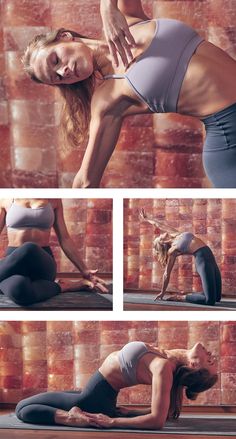 a woman doing yoga poses in front of a brick wall