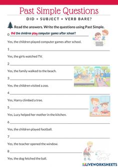 the past simple questions worksheet is shown in red and white with an image of children