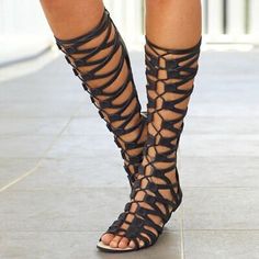 Women Knee High Gladiator Sandals Strappy Beach Flat Shoes Cut Out Lace Up Boots | eBay Women Sandals Flat, Knee High Gladiator Sandals, Womens Thigh High Boots, Steampunk Boots, High Gladiator Sandals, Pirate Boots, Soft Leather Boots, Women's Motorcycle Boots, Womens Gladiator Sandals