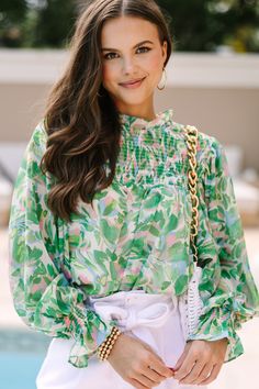 shop the mint, boutique clothing for women, trendy online boutique Green Floral Blouse, Shirred Blouse, Stand Neck, Mock Neck Blouse, Feminine Blouses, Top Pants Set, Flounce Sleeve, Cardigan Sweaters For Women, Green Blouse