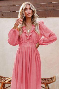 Ruffled V Neck Empire Waist Maxi Dress Pink Ruffled Fall Dress, Spring Solid Mini Dress With Ruffle Hem, Solid Mini Dress With Ruffle Hem For Spring, Pink Ruffled Mini Dress For Fall, Spring Long Sleeve Mini Dress With Ruffles, Solid Ruffled Mini Dress For Brunch, Solid Color Ruffled Mini Dress For Brunch, Long Sleeve Ruffle Dress With Ruffle Hem For Spring, Spring Mini Dress With Ruffles And Long Sleeves