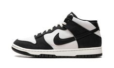 The Nike Dunk Mid “Panda” is a black-and-white colorway of the mid-top silhouette of the vintage basketball shoe.  The “Panda” Dunk Mid updates the design with an all-canvas construction that leans into the Dunk Mid’s skate roots.  More specifically, it features a white canvas base with black canvas overlays and Swoosh branding.  The shoe’s white rubber midsole and black outsole complete its two-tone, white-and-black appearance.  Release date: April 11, 2023 Black White Shoes, Nike Model, Nike Models, Black And White Shoes, Everyday Shoes, Wide Shoes, Retro Sneakers, Clean Shoes, Nike Store