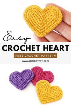 crochet heart pattern is shown in three different colors