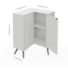 a white cabinet with its doors open and shelves on the bottom, showing measurements for it