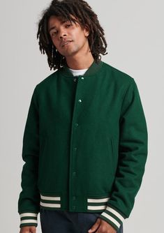 Men's Bomber Varsity Leather Jacket In Green Varsity Sport Coat With Ribbed Cuffs For Fall, Fall Varsity Sport Coat With Ribbed Cuffs, Classic Leather Jacket For Winter College Wear, Classic Winter Leather Jacket For College, Varsity Wool Outerwear With Ribbed Cuffs, Wool Varsity Jacket With Ribbed Collar For Streetwear, Leather Varsity Jacket With Padded Collar For Winter, Winter Leather Varsity Jacket With Padded Collar, Classic Green Outerwear With Ribbed Cuffs