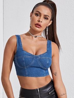 Denim Top Diy, Jean Diy, Denim Bustier, Top Jeans, Top Shein, Illustration Fashion Design