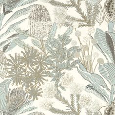 a blue and white wallpaper with plants on it