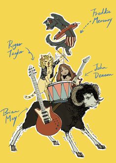 an image of some animals and guitars on a yellow background