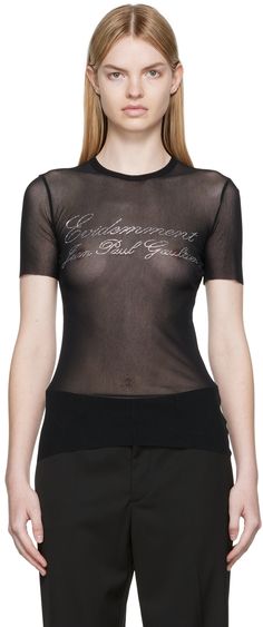 Semi-sheer mesh nylon T-shirt. · Crewneck · Beaded logo at front Supplier color: Black Jean Paul Gaultier Top Outfit, Jean Paul Gaultier Bodysuit, Jean Paul Gaultier Print, Jean Paul Gaultier Sheer Top, Jean Paul Gaultier Long Sleeve, Buy Jeans, Paul Gaultier, Jean Paul Gaultier, Jean Paul