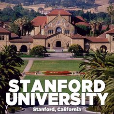 the stanford university campus in stanford, california with palm trees and mountains in the background