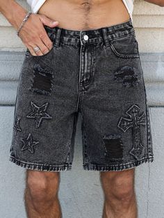 Men's Button Waistband Pocket Ripped Design Denim Shorts Grey    Denim Geometric,Plain Bermuda Non-Stretch  Men Clothing, size features are:Bust: ,Length: ,Sleeve Length: French Pleat, Shorts Denim, Couple Matching, Elegant Dresses Long, Dark Jeans, Short Jeans, Grey Denim