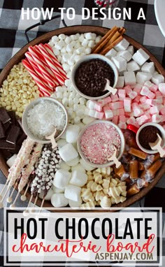 hot chocolate bar with marshmallows, pretzels, and candy sticks