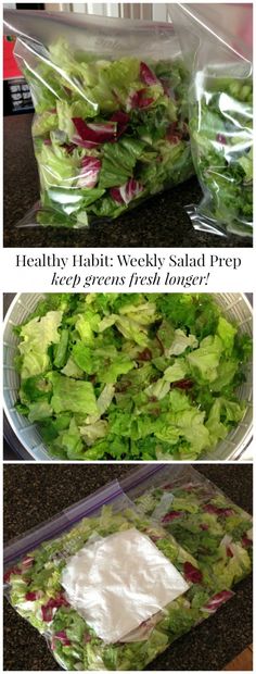 three pictures showing different types of salads in plastic bags