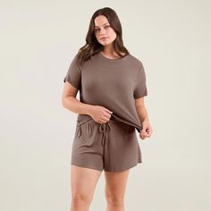 Ribbed Pajama Shorts Set | Mocha - nuuds Basic Cropped T-shirt For Loungewear, Relaxed Fit Seamless Top For Loungewear, Seamless Relaxed Fit Top For Loungewear, Ribbed Relaxed Fit T-shirt For Loungewear, Solid Ribbed T-shirt For Loungewear, Relaxed Fit Ribbed T-shirt For Loungewear, Relaxed Cropped T-shirt For Loungewear, Versatile Relaxed Fit Crop Top For Loungewear, Stretch Cotton Cropped T-shirt For Loungewear