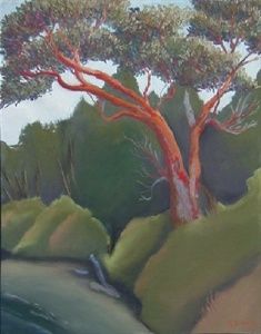 an oil painting of a tree on a hill