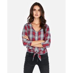 Nwt Express Plaid Tie Front Long Sleeve Shirt Color: Red/Blue/White Plaid Size: Small Supersoft Fabric, A Deep V-Neck And A Tie-Front Hem Make This Top A Casual-Chic Addition To Your Wardrobe. Bring On The Denim. Tie Front Hem Long Sleeves With Button Cuffs Deep V-Neck; Button Front Rayon Imported Hand Wash Measurements: Bust: 33 1/2-34 1/2" Trendy Plaid V-neck Top, Casual Red Tops For Work, Plaid Tie, Long Sleeve Plaid Shirt, Fitted Hats, Deep V Neck, Women's Plaid Shirt, Long Sleeve Shirt, Casual Chic