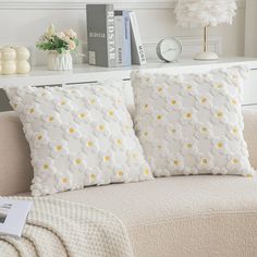 two white pillows sitting on top of a couch next to a book shelf with books