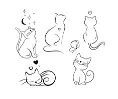 four different cats with hearts and stars on their backs, one is black and white