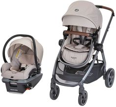 two baby strollers side by side, one is beige and the other is grey