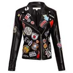 This Stylish Patch Motorcycle Jacket Is Sure To Make A Statement Spring Black Biker Outerwear, Trendy Patched Outerwear For Fall, Edgy Long Sleeve Outerwear With Patches, Trendy Winter Outerwear With Patches, Edgy Outerwear With Patches For Fall, Trendy Fitted Outerwear With Patches, Moto Jacket Outfit, Leather Jacket Patches, Jacket With Patches