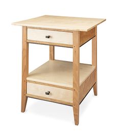 a small wooden table with two drawers on one side and an open drawer on the other