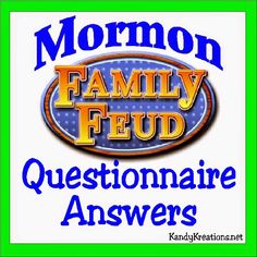 the logo for mormon family feed questions answered by two people in green and blue letters