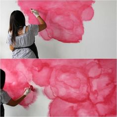 two photos of a woman painting pink clouds