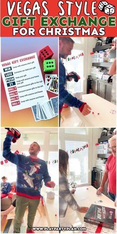 a man and woman are playing with dices on the table in front of a christmas card