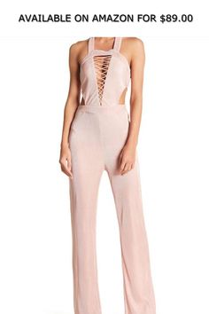 Wow Couture Halter Pleat Jumpsuit, Dusty Pink - Medium ◆ AVAILABLE ON AMAZON FOR: $89.00 ◆ A lace up insert adds trendy styling to this mock halter jumpsuit. Fiber Content Shell: 100% polyester Lining: 100% polyester Pleated Jumpsuit, Halter Jumpsuit