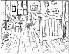 a black and white drawing of a bedroom with a bed, table, chairs and pictures on the wall