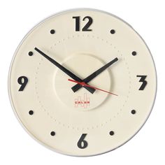 a white clock with red hands and numbers on the face is shown against a white background