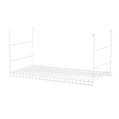 a wire shelf with two hooks on each side and one hanging from the ceiling, in front of a white background