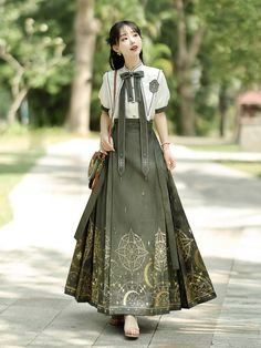 ❤︎Magic Time and Space China Pointed Collar Ribbon Shirt + Long Skirt❤︎ Horse Face Skirt, Fantasy Librarian, Traditional Asian Dress, Golden Horse, Long Skirt Outfits, Horse Face, Ribbon Shirt, Time And Space, Textiles Fashion