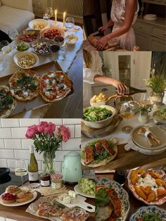 there are many different pictures of food on the table and in front of them is a woman making pizza